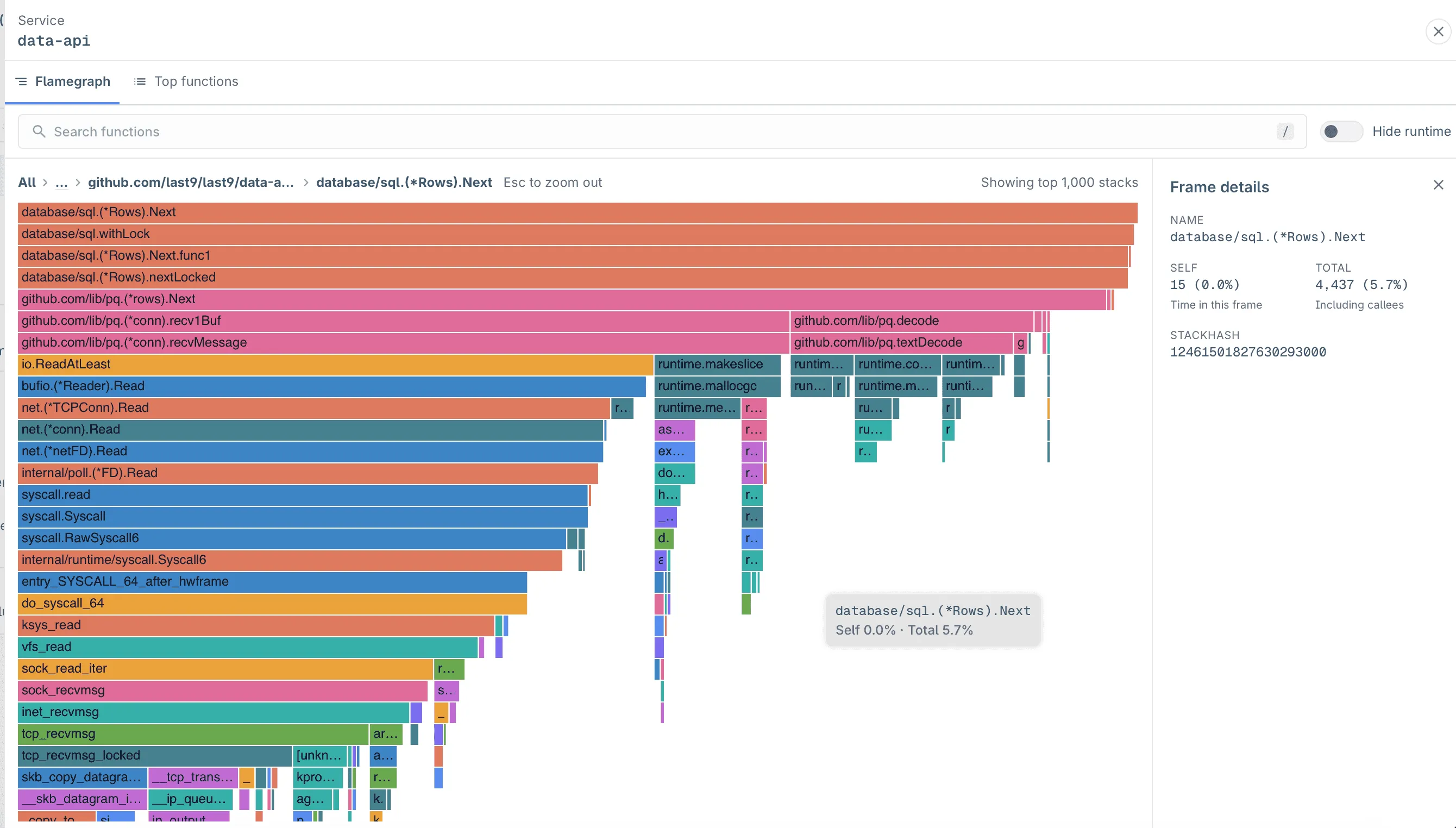 Zoomed flamegraph showing a database read path