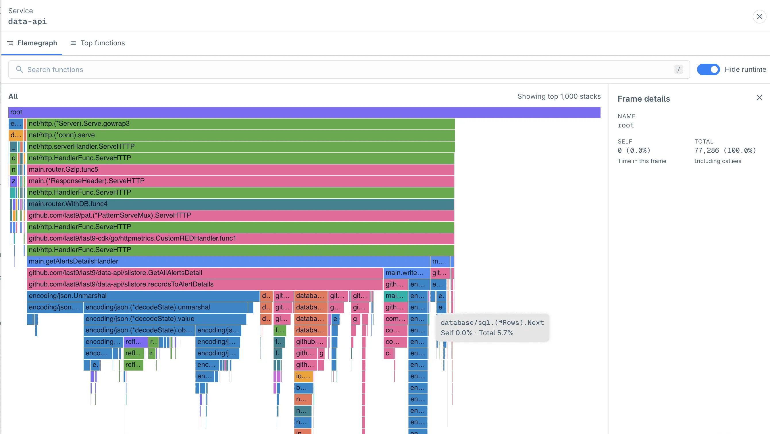 Flamegraph with runtime frames hidden