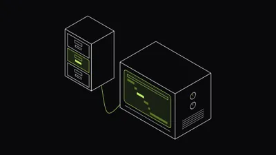 An isometric filing cabinet for the vector index, its middle drawer lit lime, cabled to a retro CRT whose screen shows a trace waterfall with the retrieval span highlighted