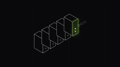 A row of isometric Puma worker blocks, one glowing lime with all its threads busy and requests queued beside it