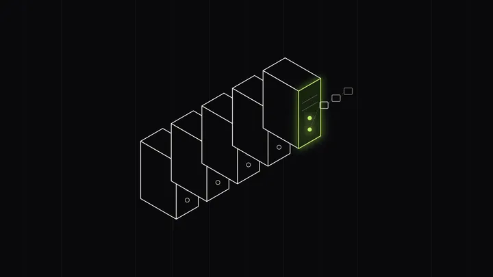 A row of isometric Puma worker blocks, one glowing lime with all its threads busy and requests queued beside it