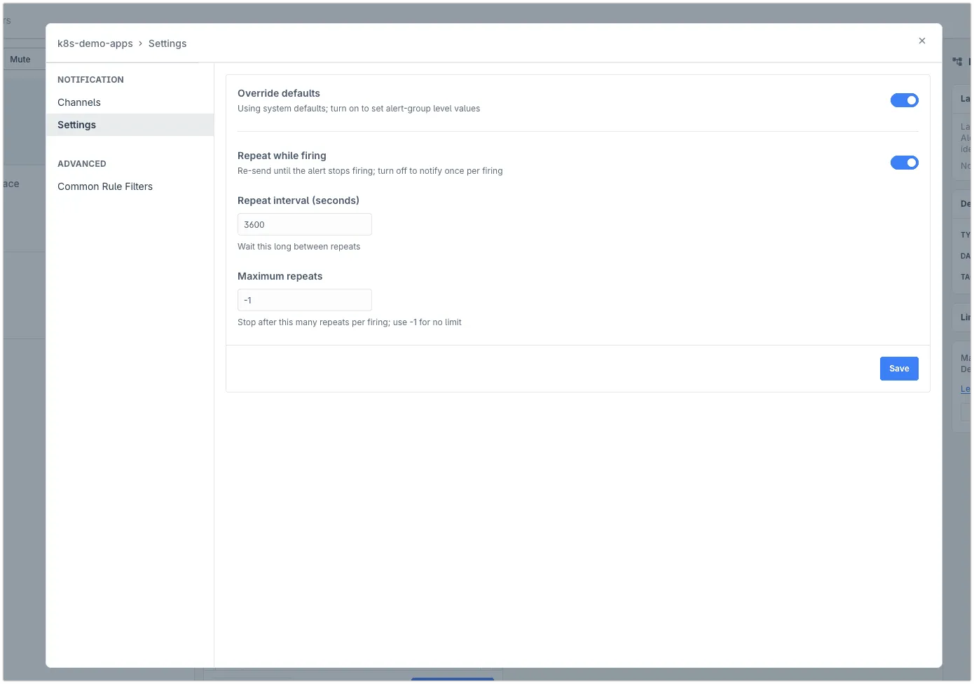 Notification Settings — per alert group