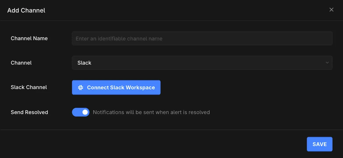 Add Channel modal with Connect Slack Workspace button