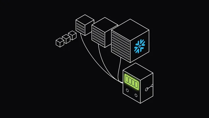 Isometric line drawing of three warehouse units of growing size, the largest marked with the Snowflake logo, with a short queue of small cubes in front of the smallest, cabled into a counter whose lime screen tallies credits