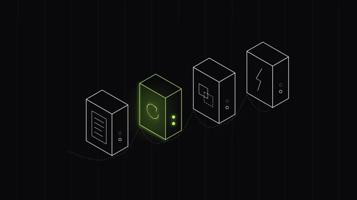 Four isometric automation units joined by a cable, one glowing lime to mark the job that was picked