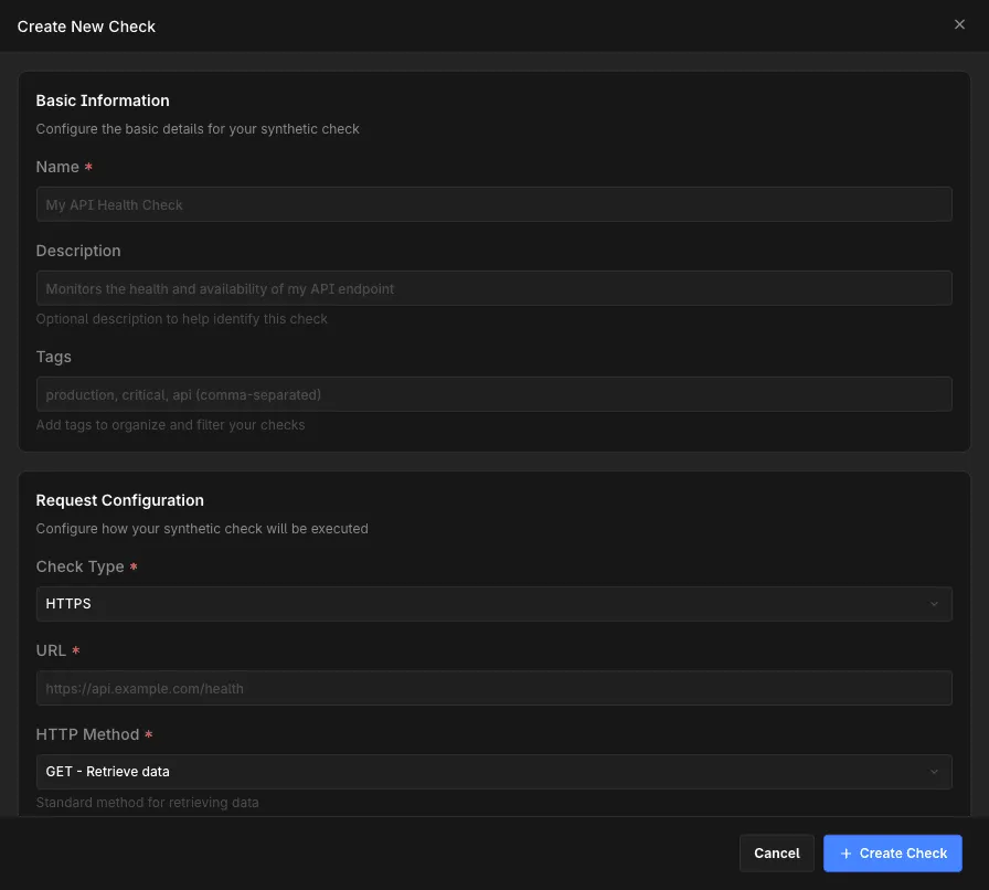 Create New Check dialog