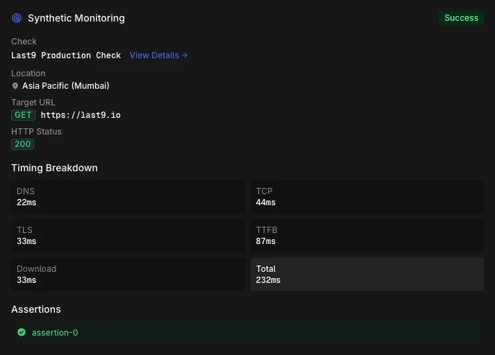 Synthetic Monitoring card in the trace summary