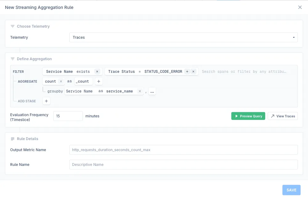 Creating a streaming aggregation rule from Query Builder